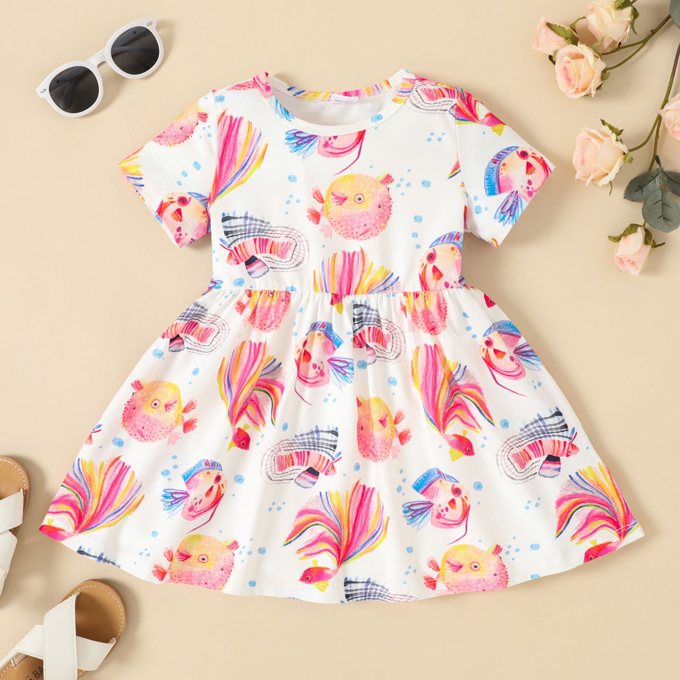 

Toddler Girl Allover Fish Print Short-sleeve Dress