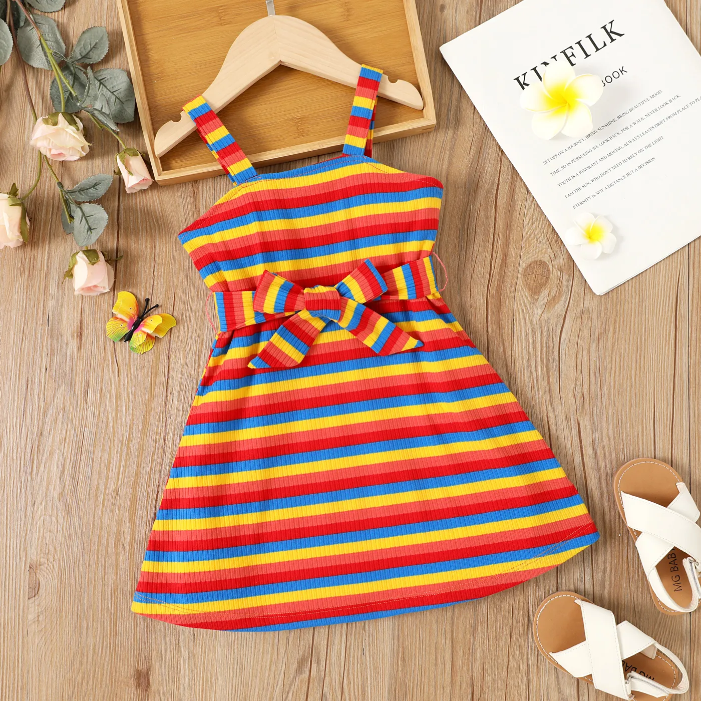 Toddler Girl Colorful Stripe Belted Rib-knit Cami Dress