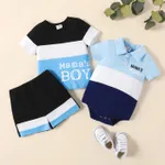2pcs Baby Boy Letter Print Colorblock Cotton Short-sleeve Tee & Shorts Set / 1pc Polo Neck Short-sleeve Romper  image 2