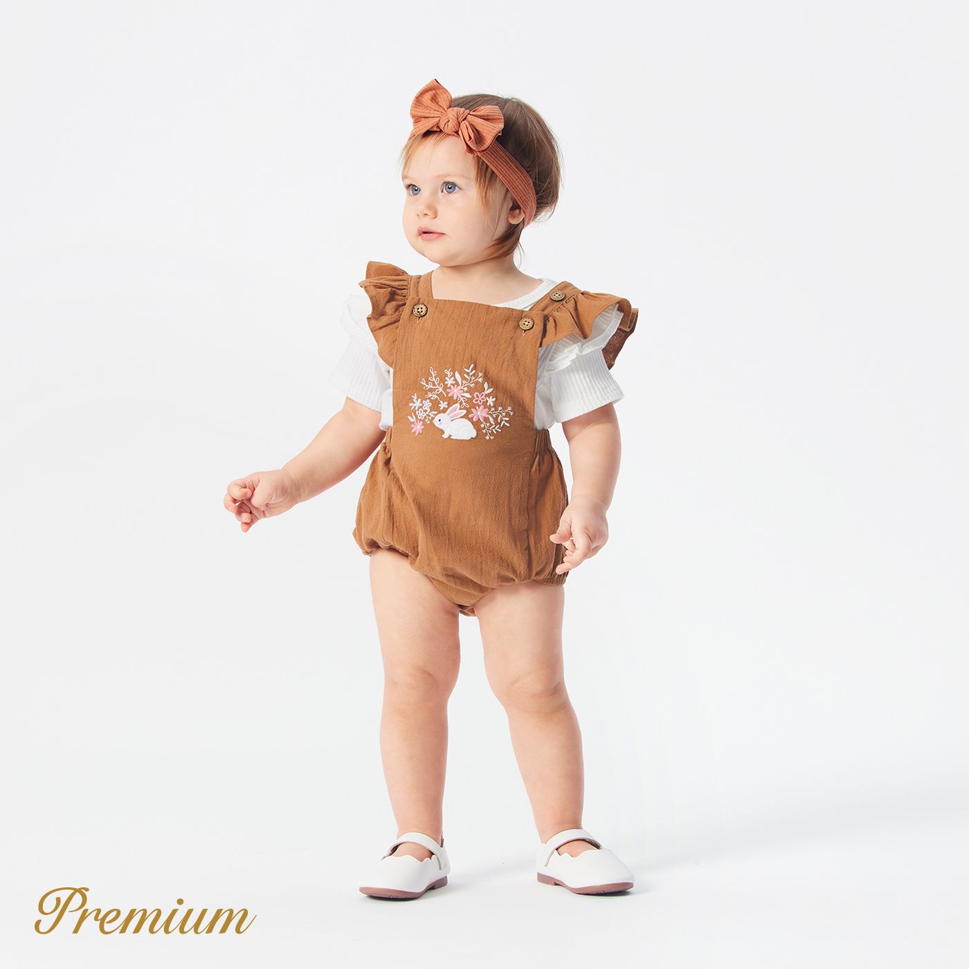 Baby Girl 100% Coton Lapin & Floral Brodé Ruffle Trim Romper