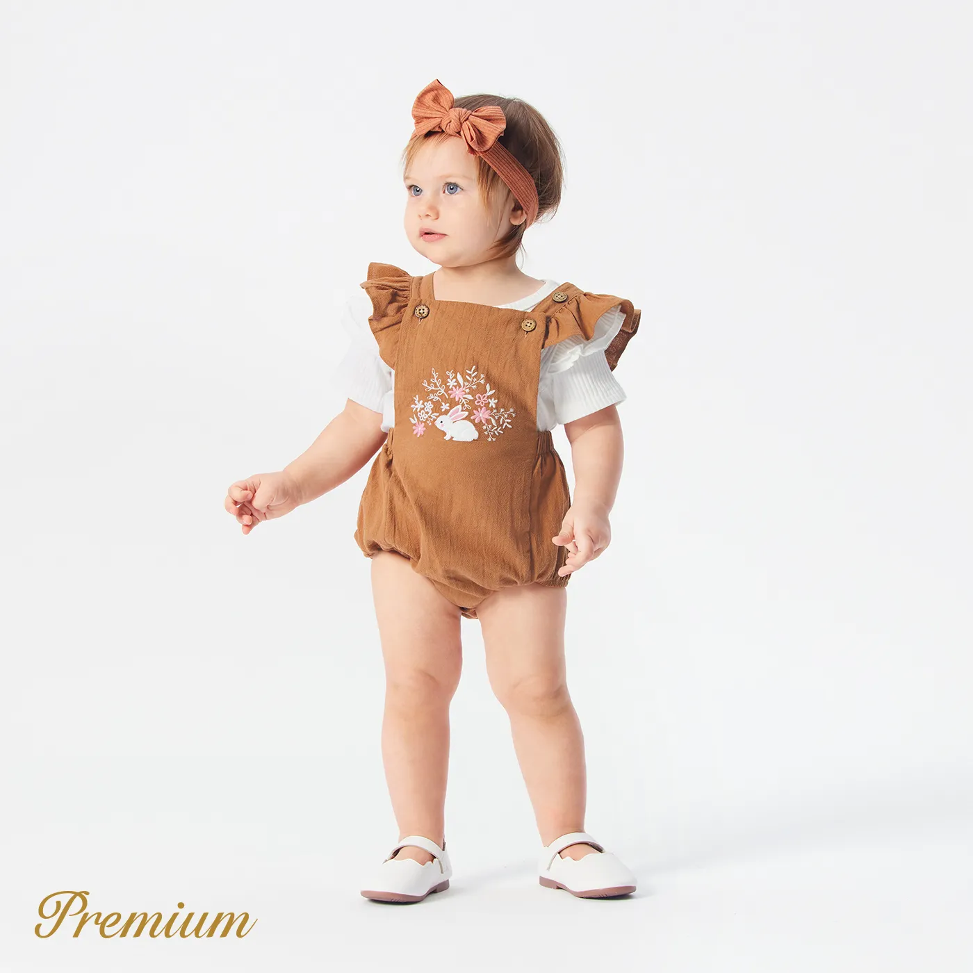 Baby Girl 100% Cotton Rabbit & Floral Embroidered Ruffle Trim Romper Khaki big image 1