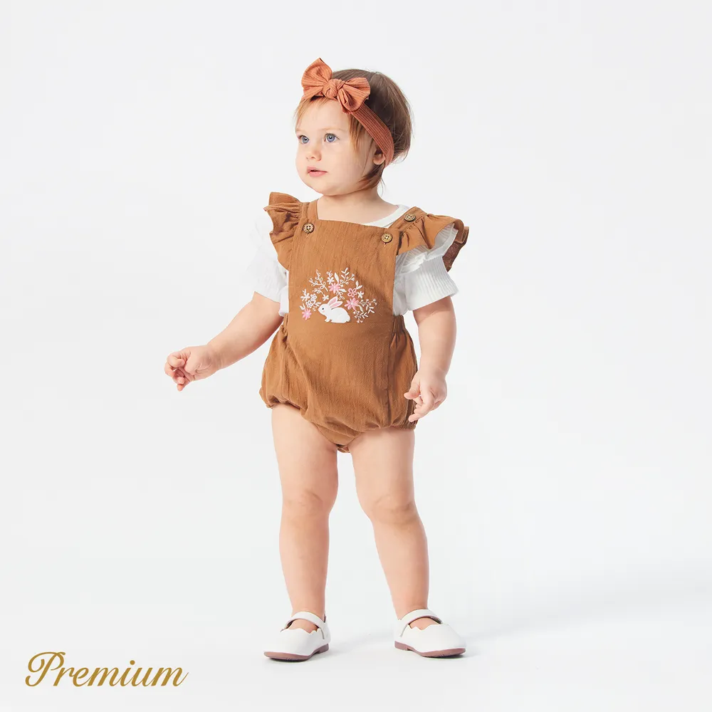 Baby Girl 100% Cotton Rabbit & Floral Embroidered Ruffle Trim Romper  big image 1