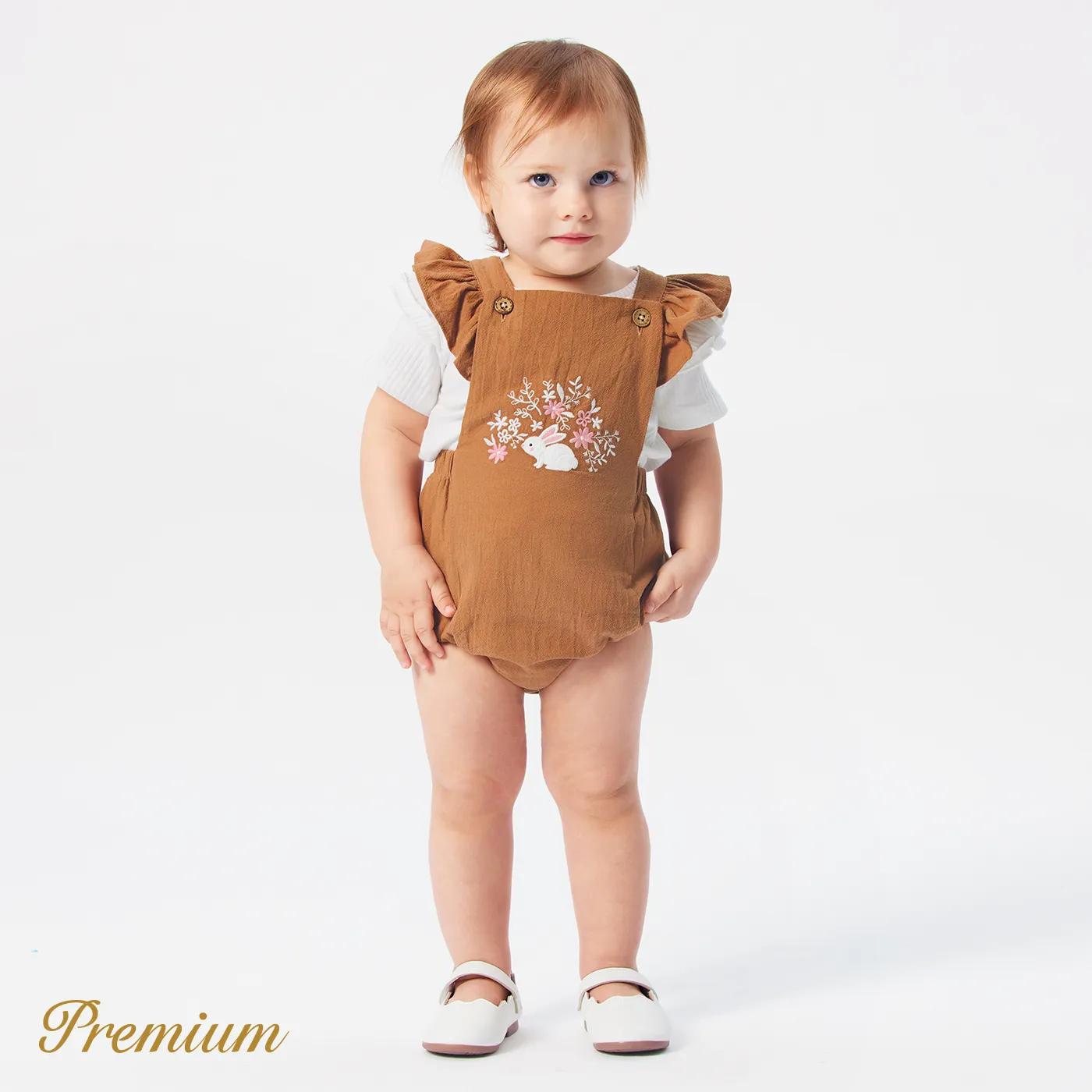 Baby Girl 100% Cotton Rabbit & Floral Embroidered Ruffle Trim Romper Khaki image 2