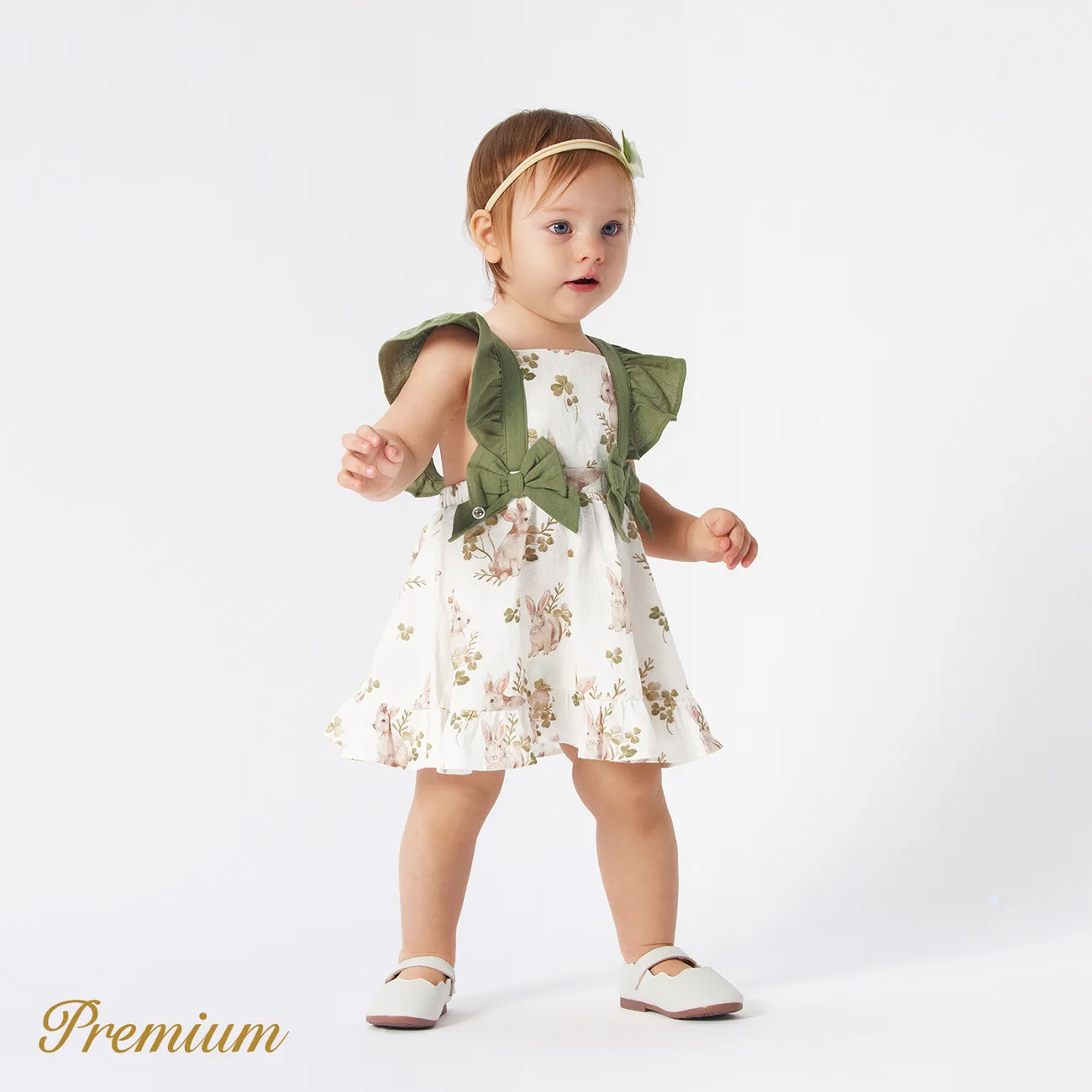 Baby Girl 100% Cotton Bow Front Ruffle Trim Dress White big image 1