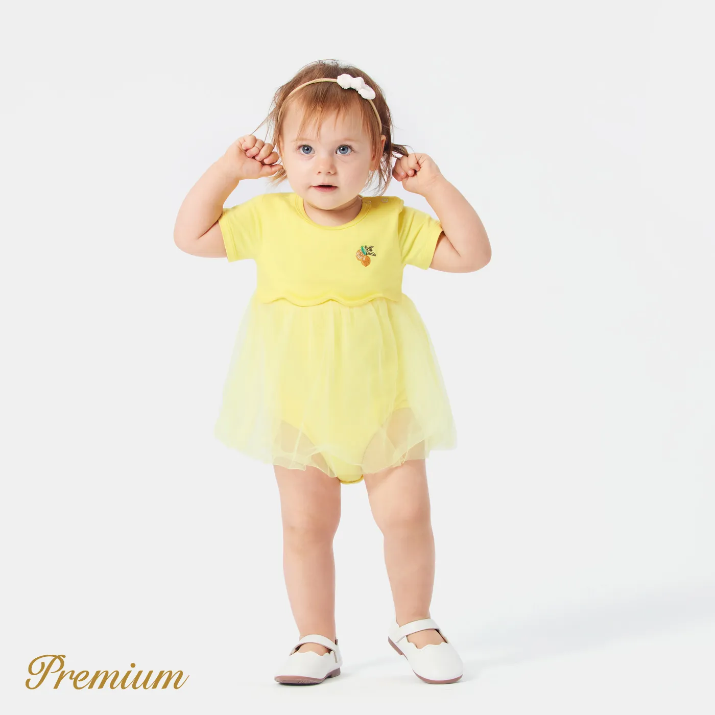 Baby Girl Cotton Short-sleeve Embroidered Detail Mesh Romper