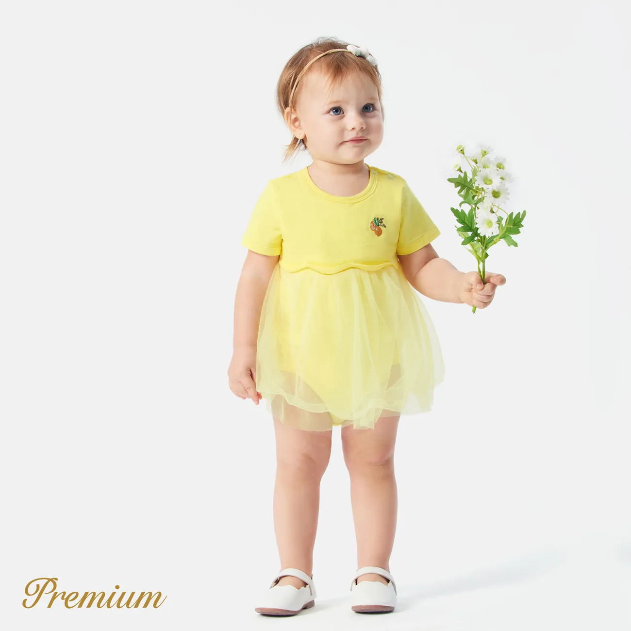 <Lemon Tree Love> Baby Girl Cotton Short-sleeve Lemon Print Romper Yellow big image 1