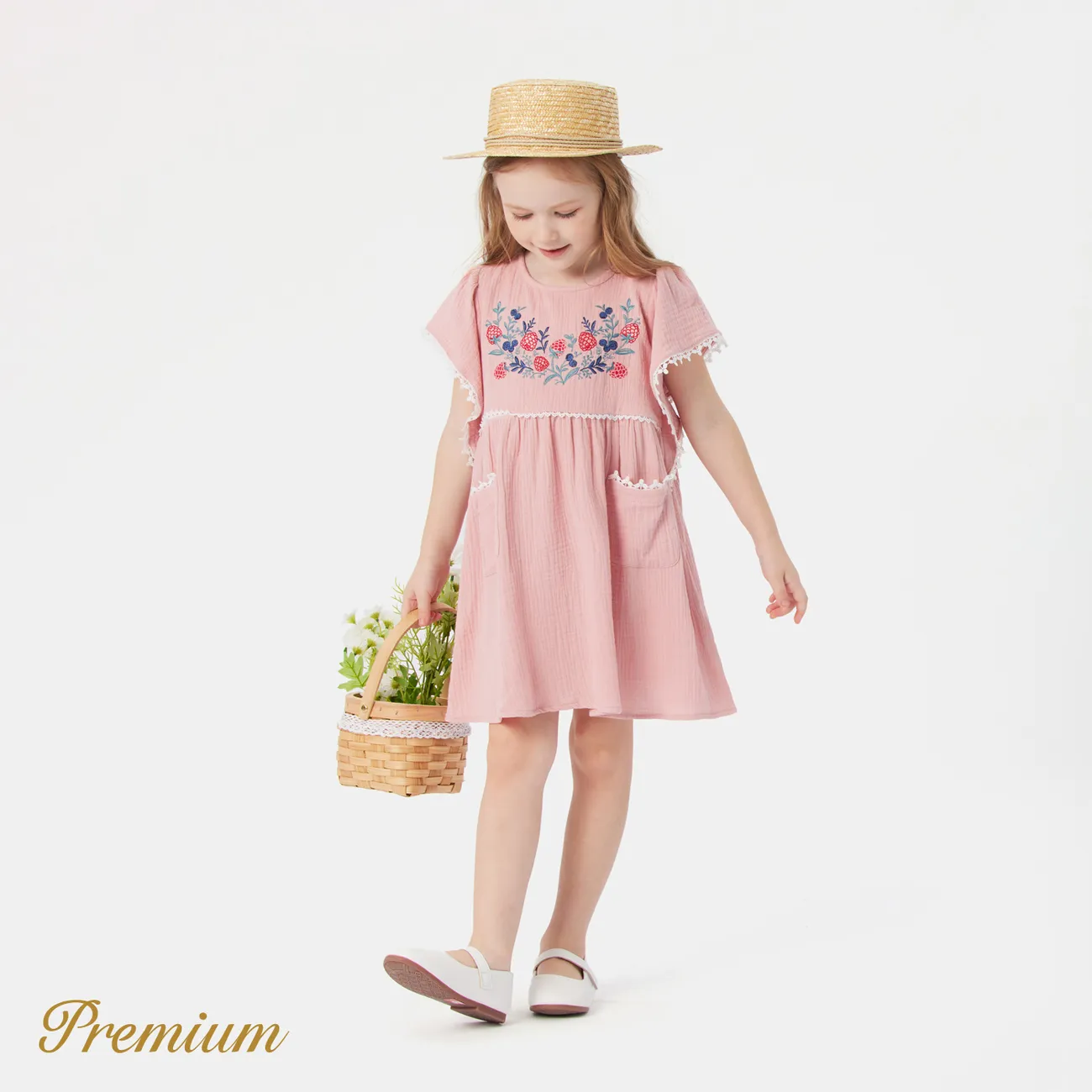 Toddler Girl 100% Cotton Crepe Floral Embroidered Lace Detail Ruffle-sleeve Dress Pink big image 1