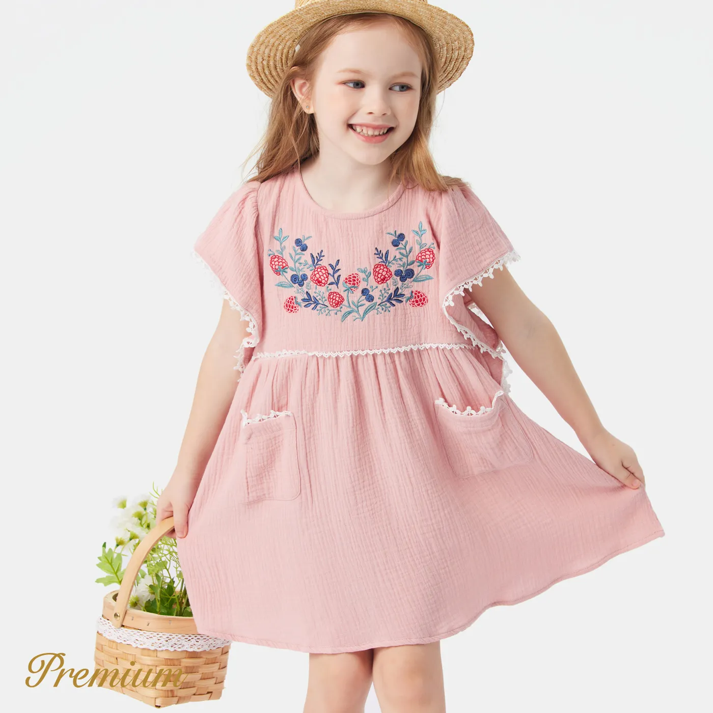 Toddler Girl 100% Cotton Crepe Floral Embroidered Lace Detail Ruffle-sleeve Dress Pink image 4