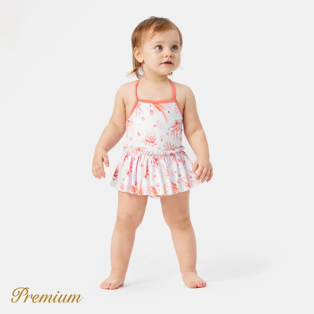 Baby Girl Allover Coral Print One Piece Slip Swimsuit PinkyWhite big image 1