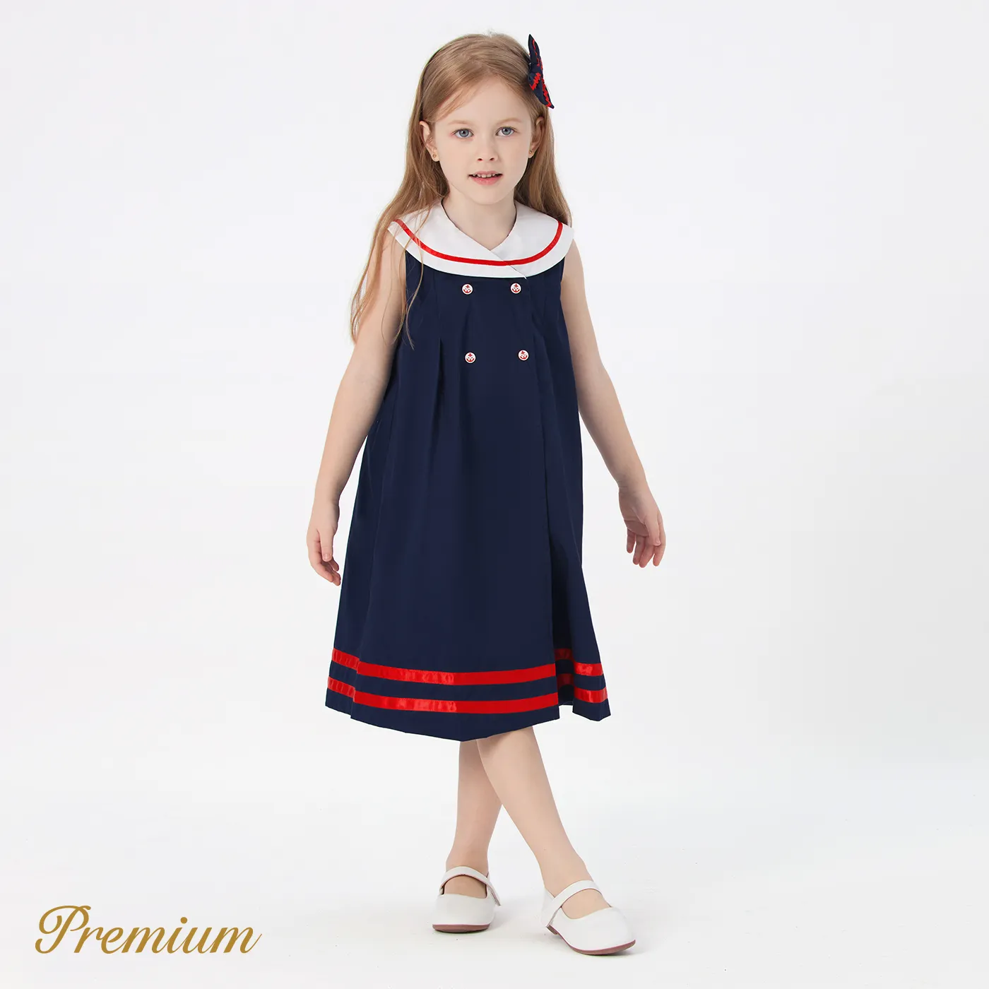 Kid Girl 100% Cotton Double Breasted Contrast Collar Tank Dress  image 3
