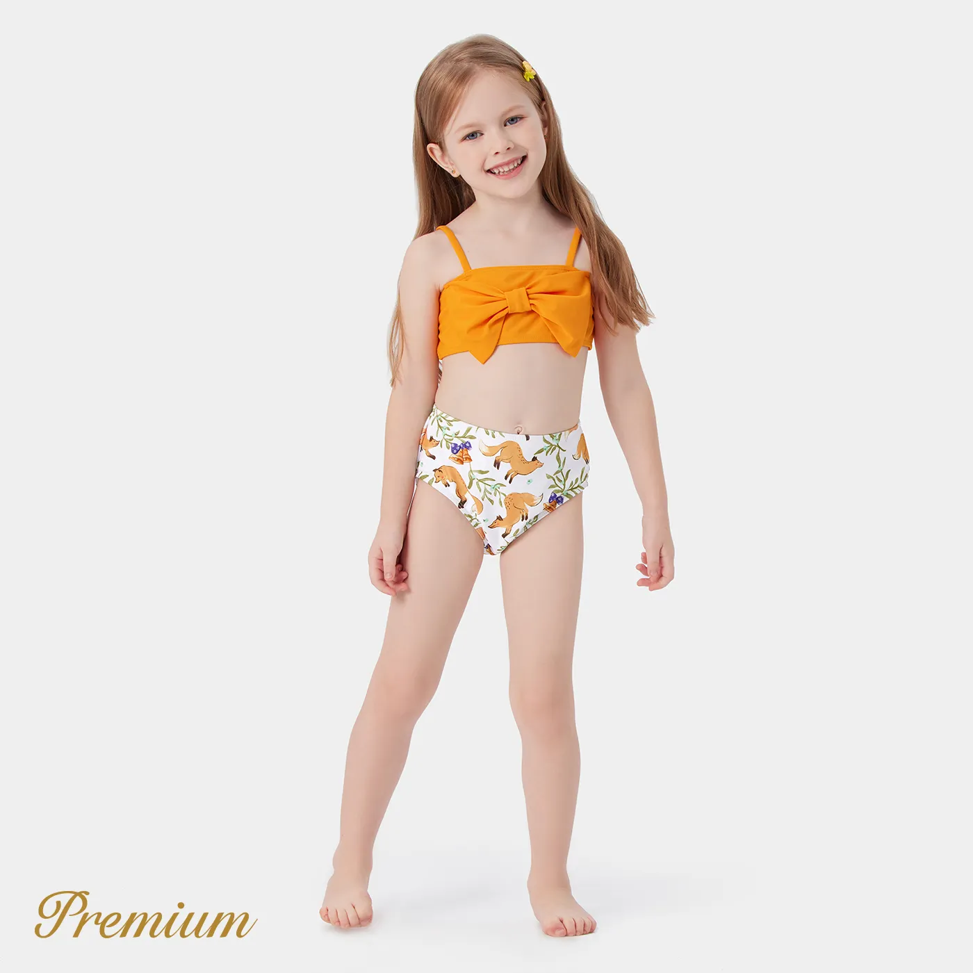 2pcs Kid Girl Bow Front Solid & Animal Print Two-piece Swimsuit Set  image 4