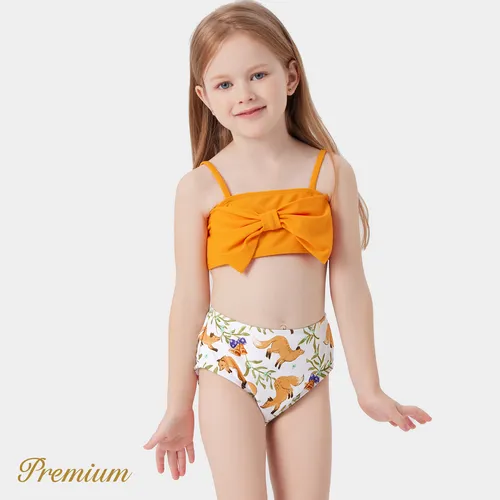 2pcs Kid Girl Bow Front Solid & Animal Print Two-piece Swimsuit Set