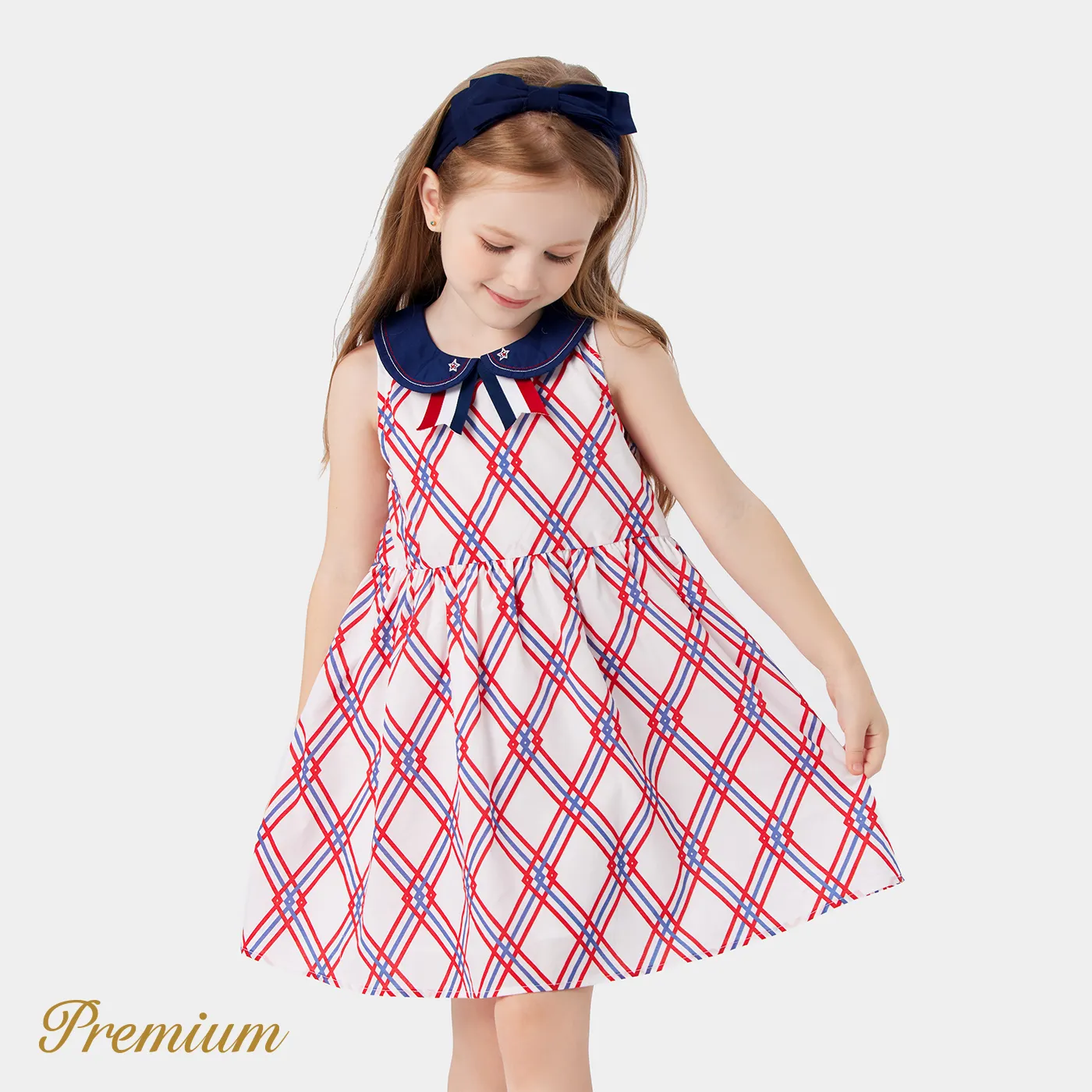 Independence Day Toddler Girl 100% Cotton Allover Print Contrast Peter Pan Collar Sleeveless Dress