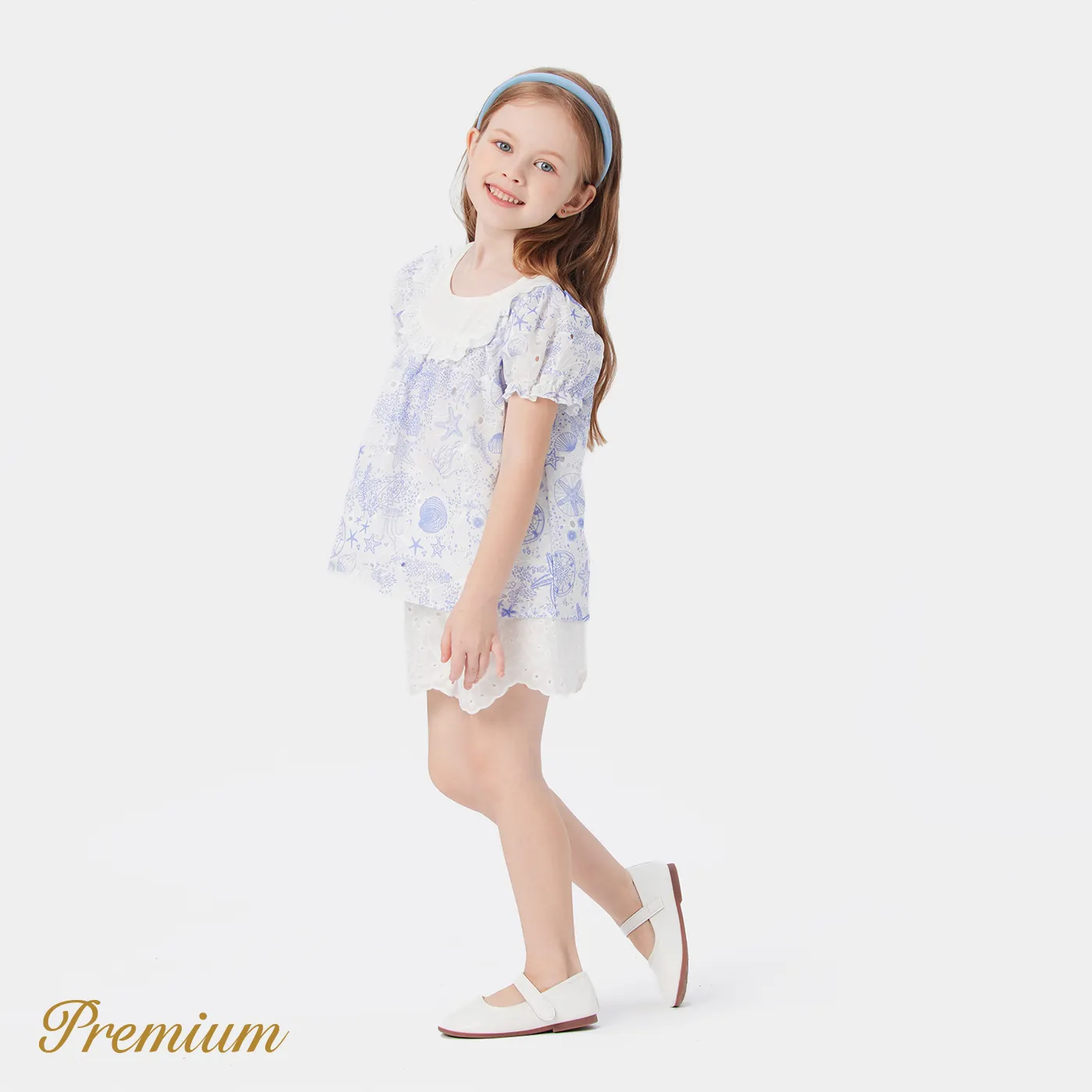 Menina Criança Allover Ocean Print babado Puff-manga Blusa Branco