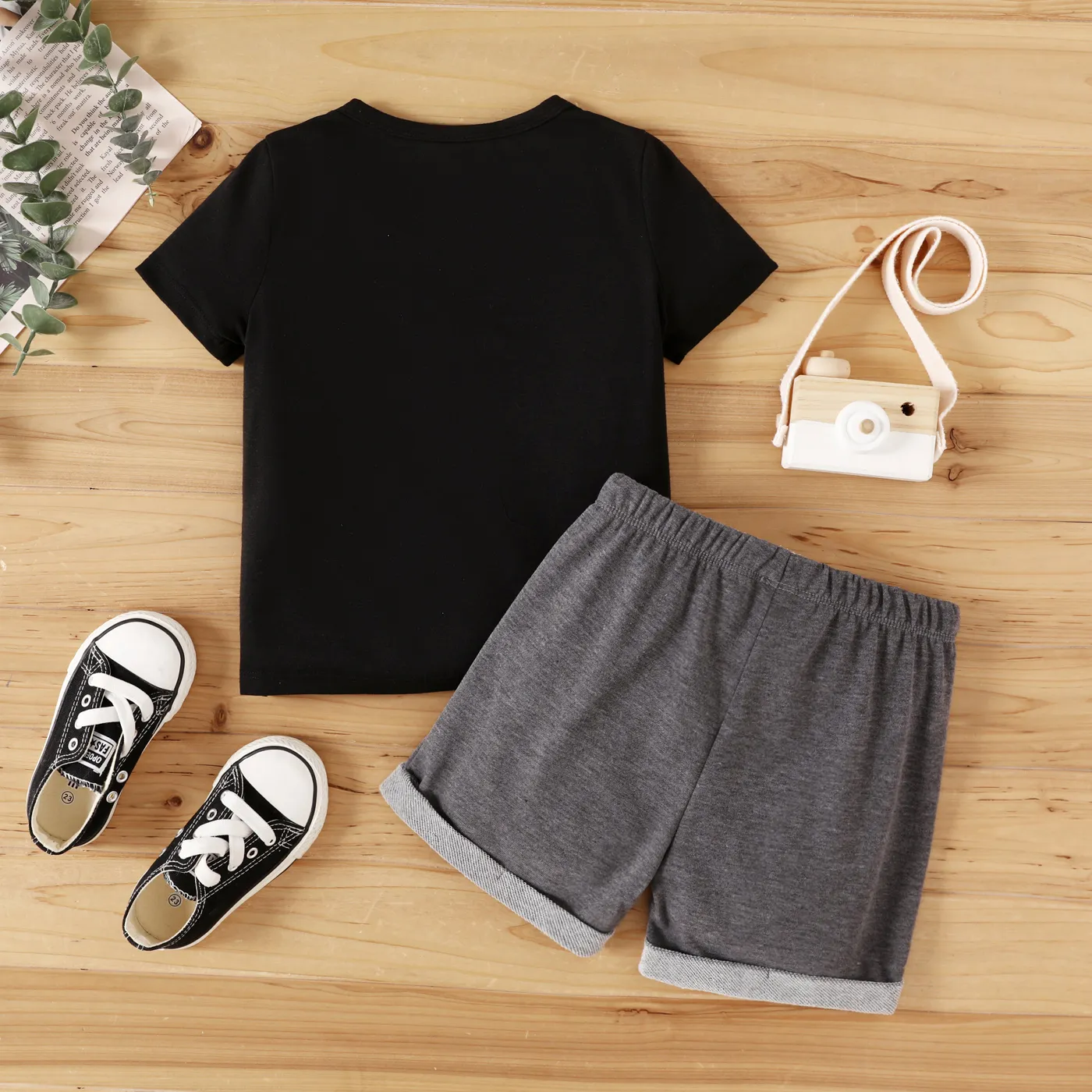 2pcs Toddler Boy Letter Print Short-sleeve Tee and Roll Hem Shorts Set   Black image 2