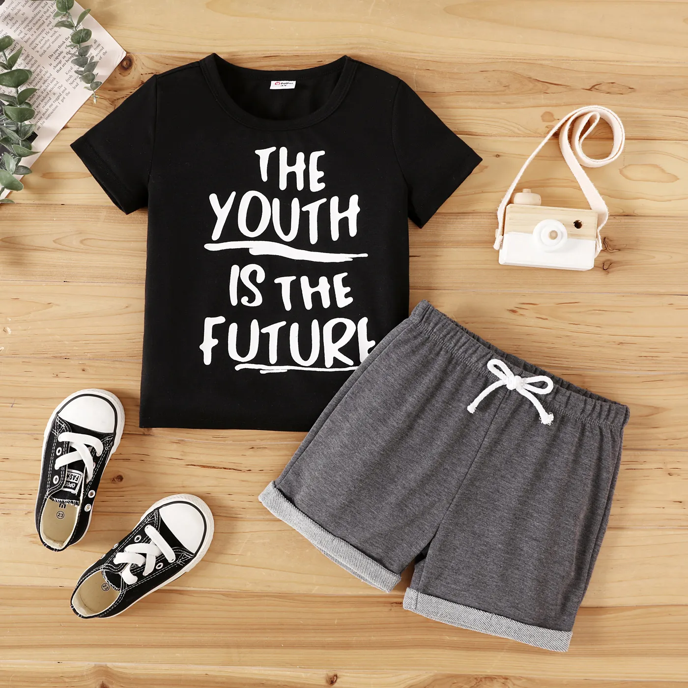 2pcs Toddler Boy Letter Print Short-sleeve Tee and Roll Hem Shorts Set   Black big image 1