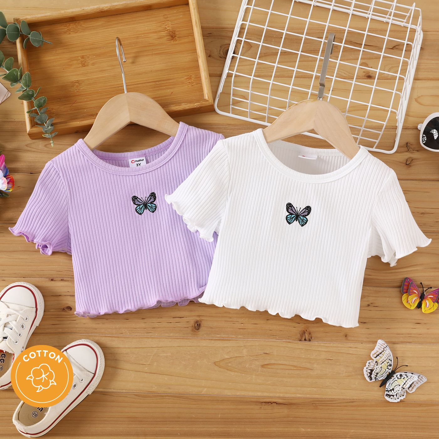 

Toddler Girl Butterfly Embroidered Lettuce Trim Cotton Rib-knit Tee