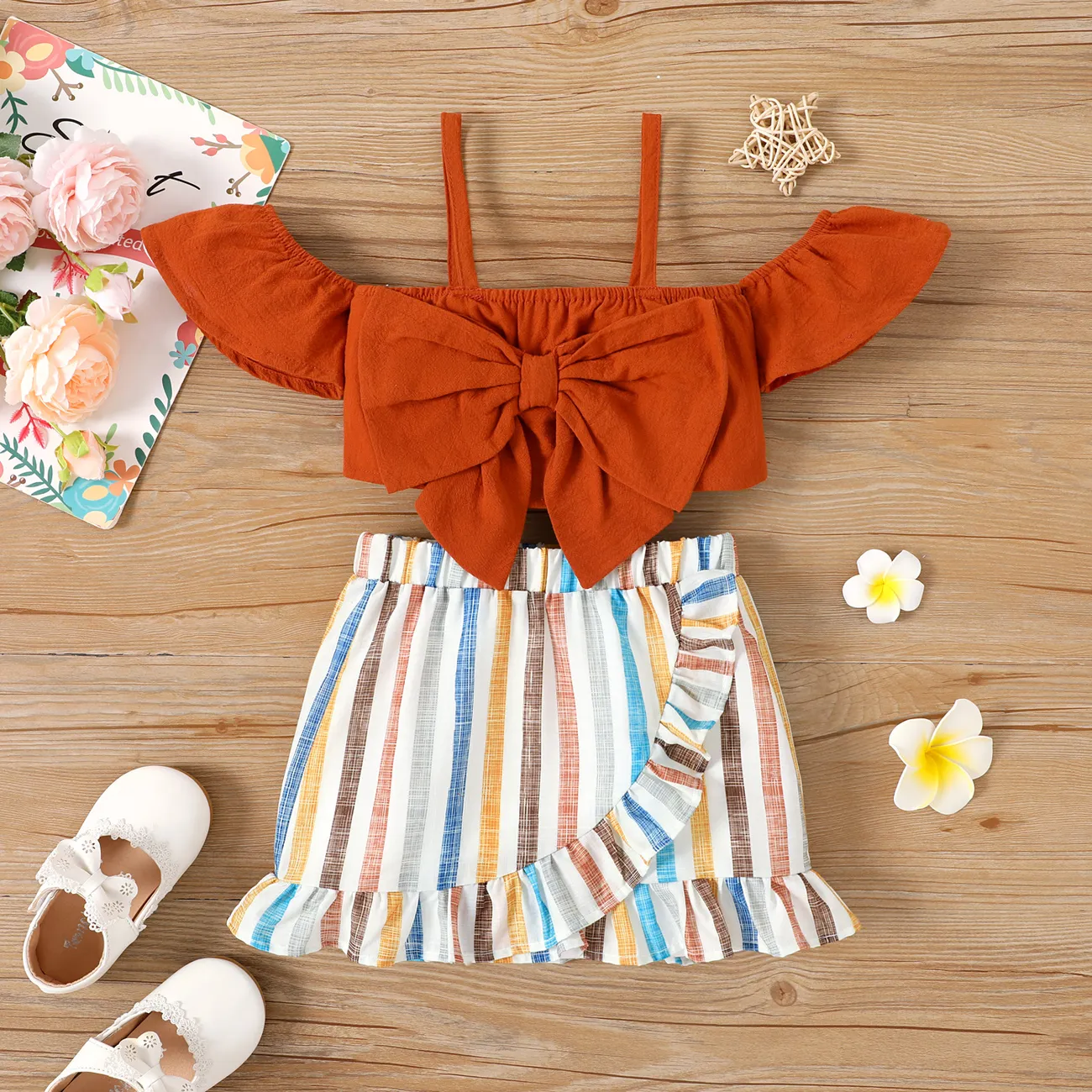 2pcs Toddler Girl 100% Cotton Front Bow Decor Flutter-sleeve Top and Striped Ruffled Skirt Set  big image 1