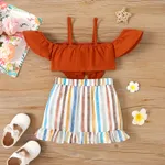 2pcs Toddler Girl 100% Cotton Front Bow Decor Flutter-sleeve Top and Striped Ruffled Skirt Set  image 2