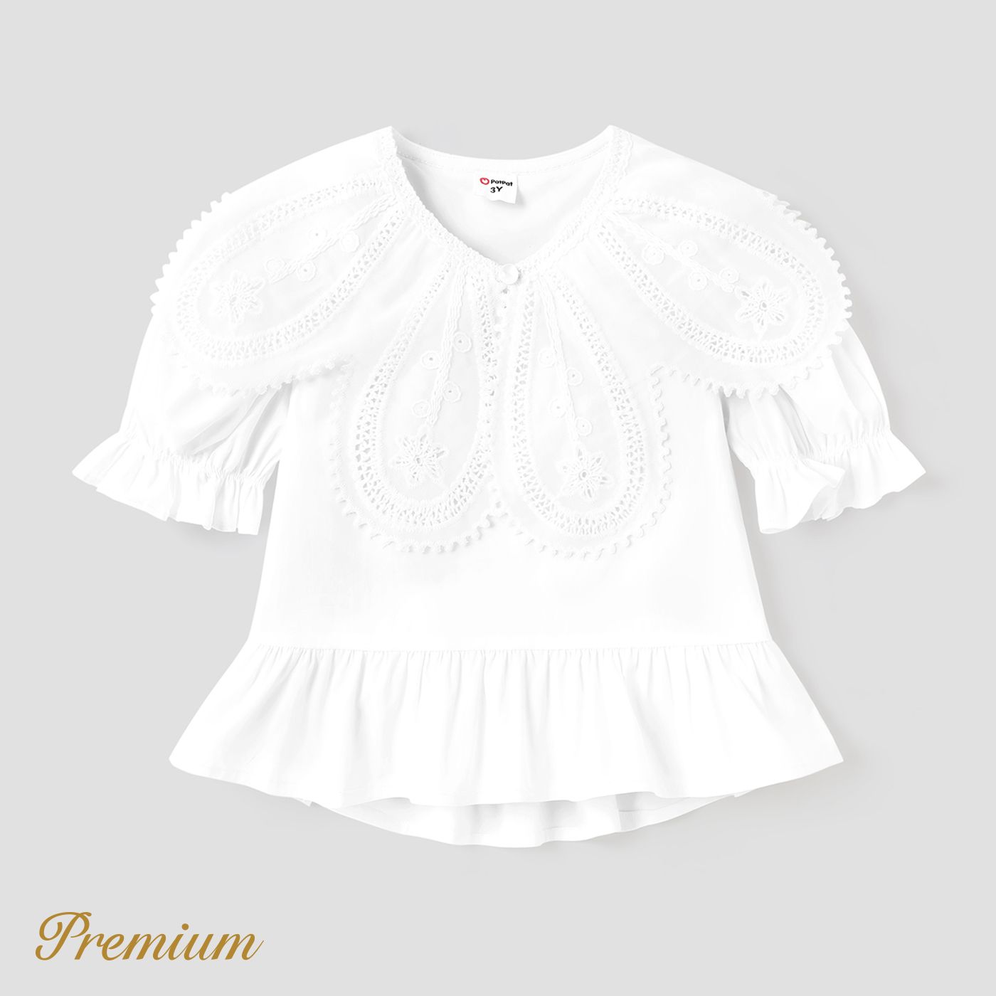 Kid Girl V Cou Oeilet Broderie Solide Puff-sleeve Top