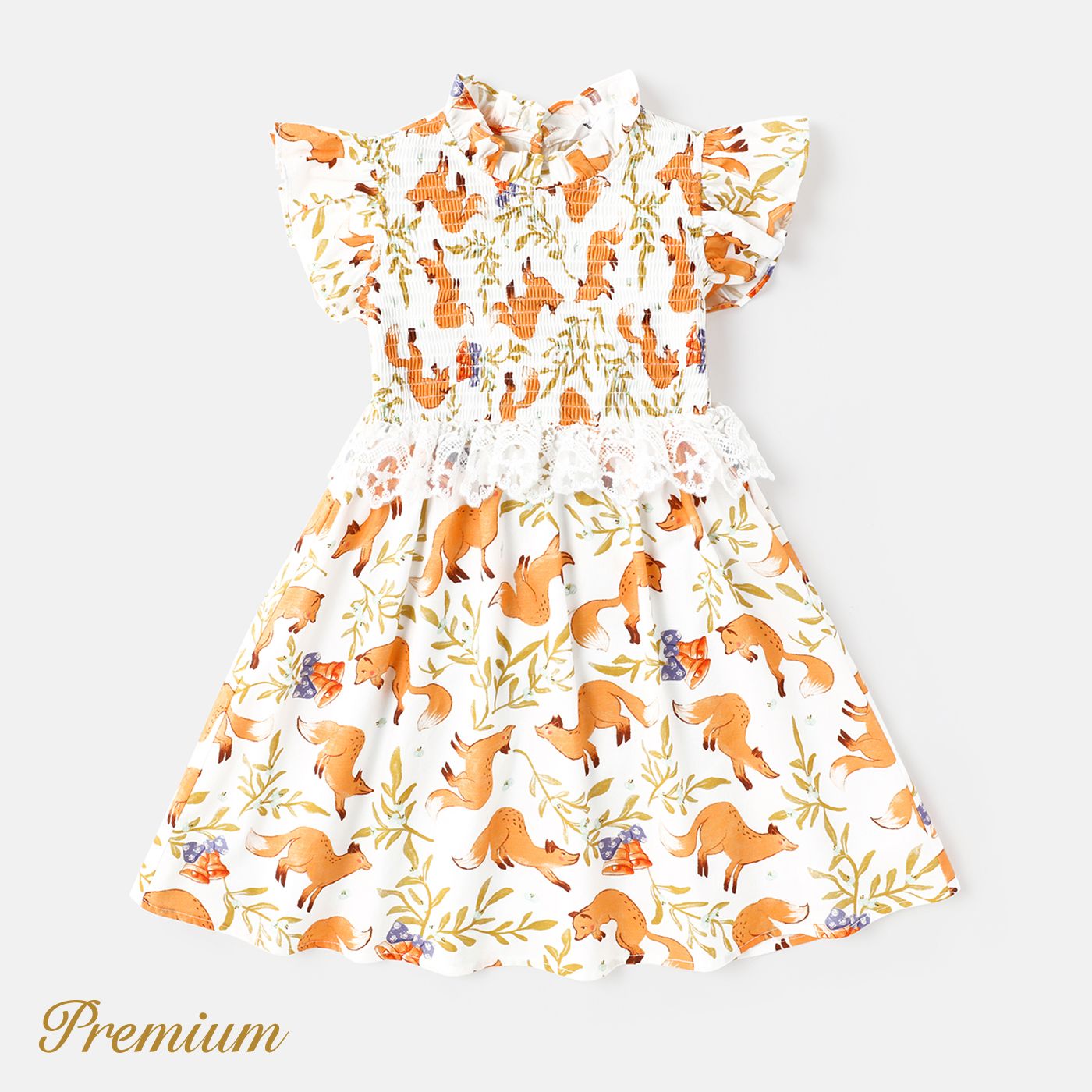 Toddler Girl 100% Coton Allover Fox Print Flutter-sleeve Dentelle Détail Robe Shirred