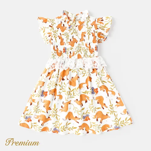 Toddler Girl 100% Cotton Allover Fox Print Flutter-sleeve Lace Detail Shirred Dress