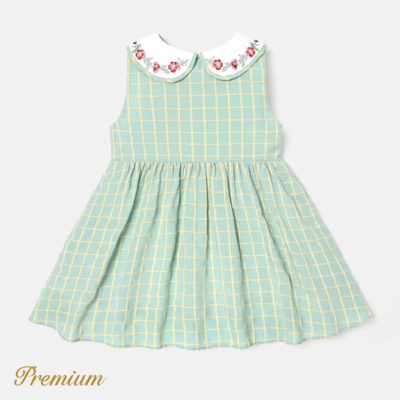 Baby Girl Floral Embroidered Contrast Collar Gingham Tank Dress