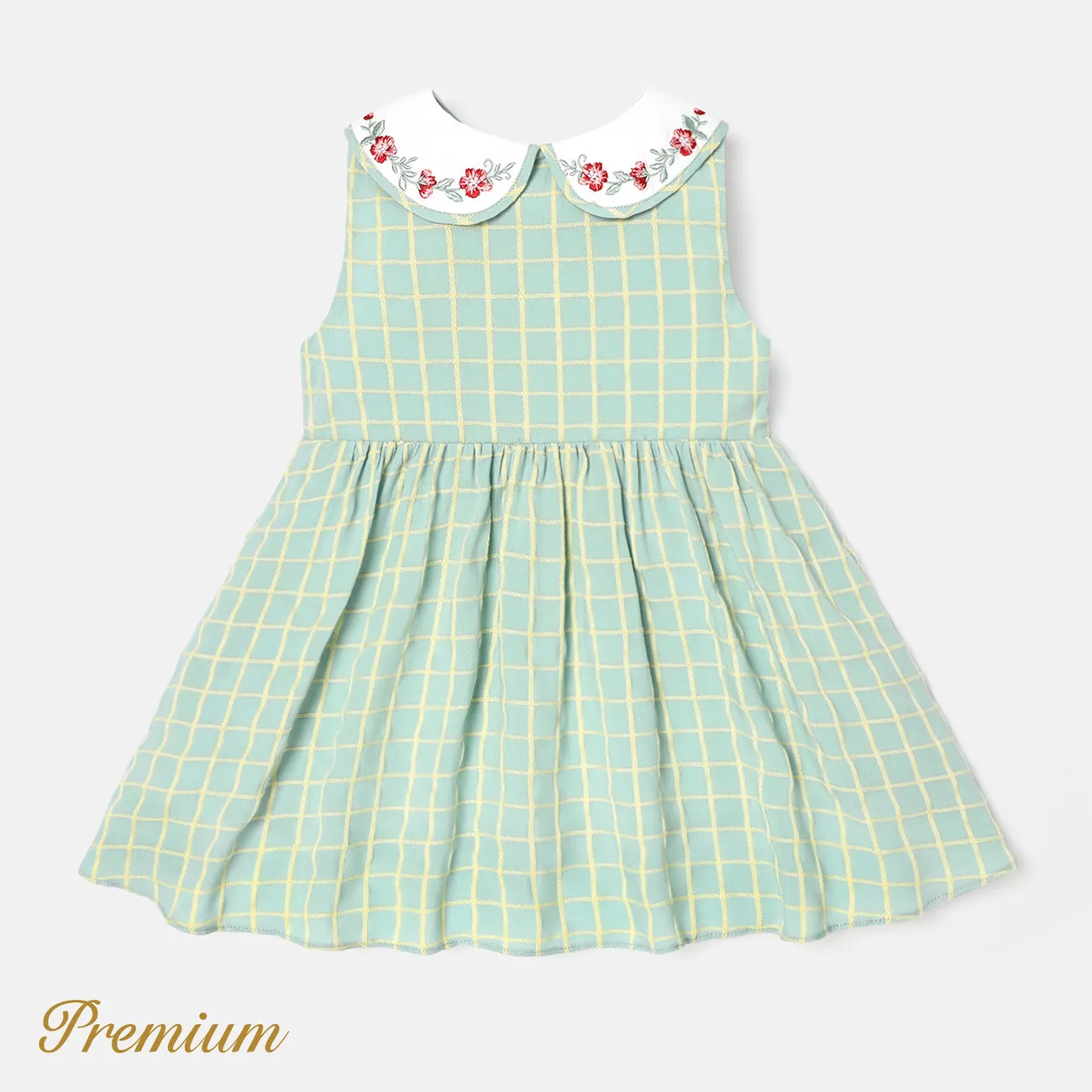 Baby Girl Floral Embroidered Contrast Collar Gingham Tank Dress  big image 1