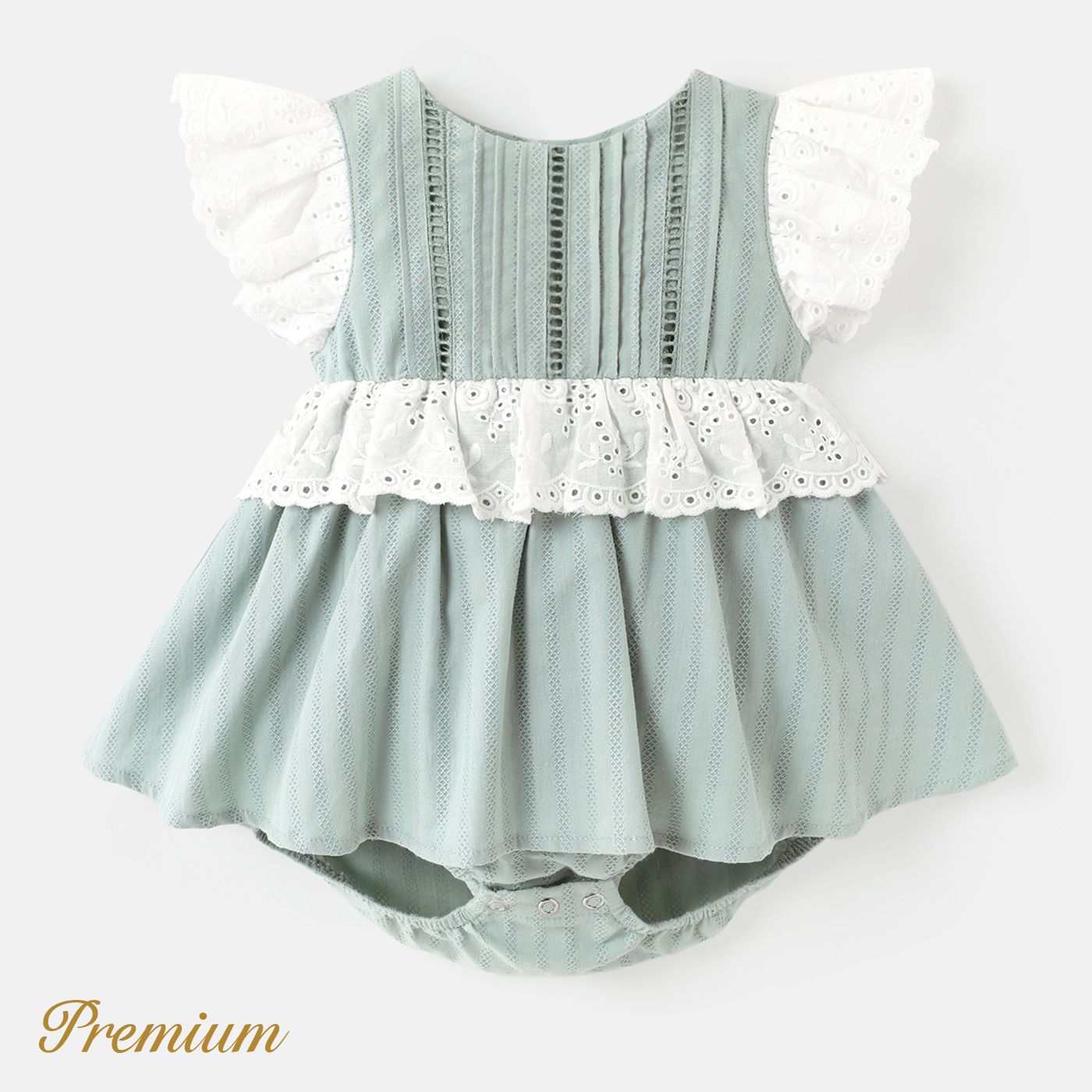 Baby Girl 100% Cotton Contrast Ruffled Flutter-sleeve Textured Romper