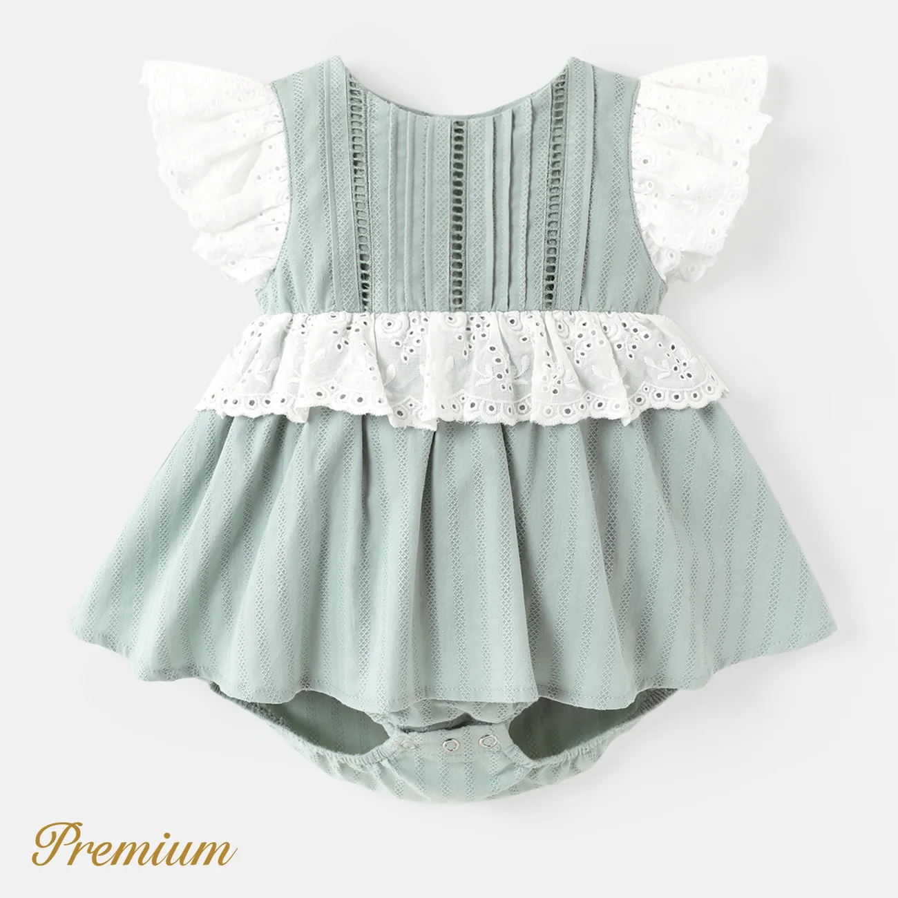 Baby Girl 100% Cotton Contrast Ruffled Flutter-sleeve Textured Romper  big image 1
