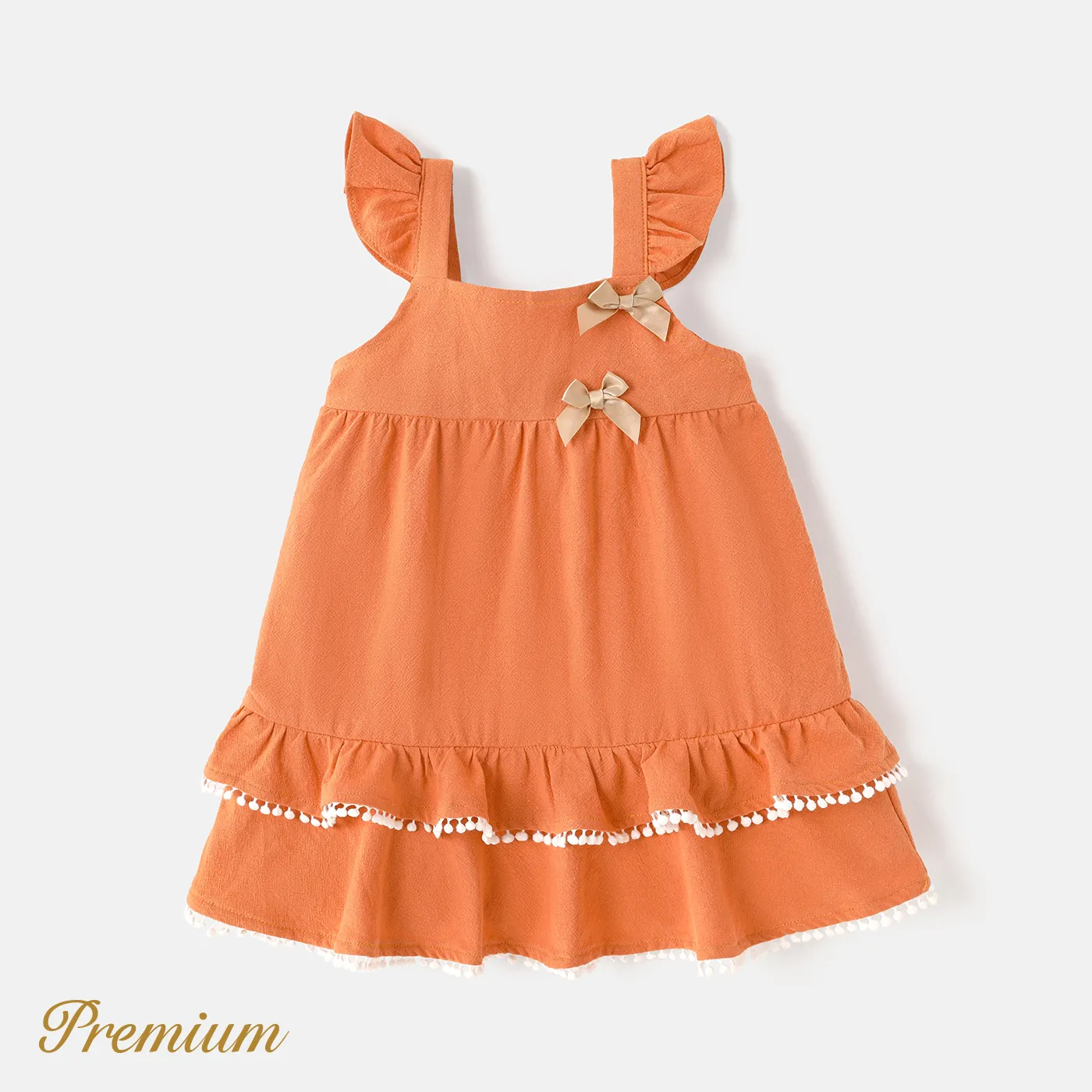 Baby Girl 100% Cotton Solid Bow Front Layered Ruffle Hem Flutter-sleeve Dress
