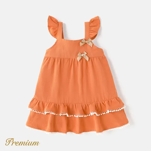 Baby Girl 100% Cotton Solid Bow Front Layered Ruffle Hem Flutter-sleeve Dress
