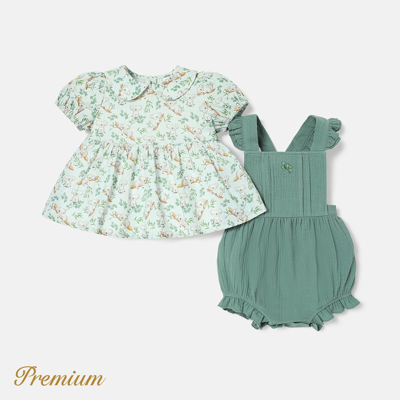 

2pcs Baby Girl 100% Cotton Floral Print Peter Pan Collar Puff-sleeve Top and Overalls Set