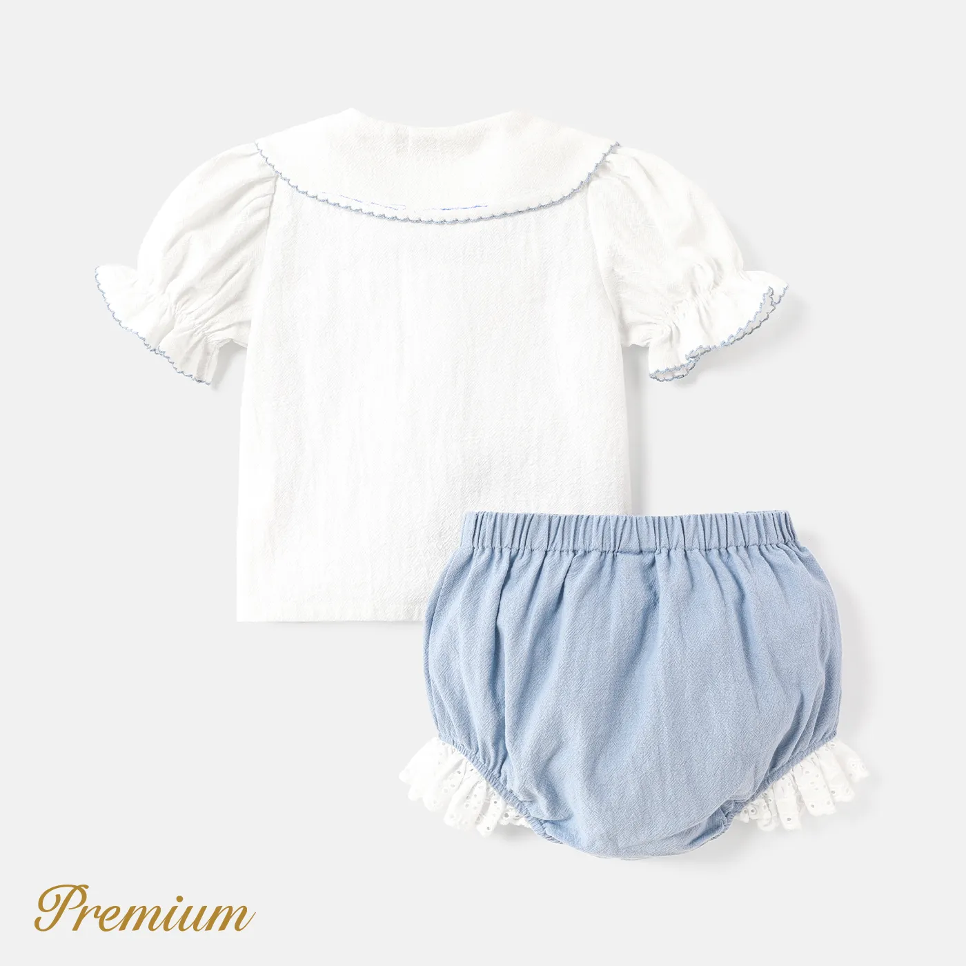 2pcs Baby Girl 100% Cotton Floral Embroidered Peter Pan Collar Puff-sleeve Top and Ruffled Shorts Set BLUEWHITE image 2