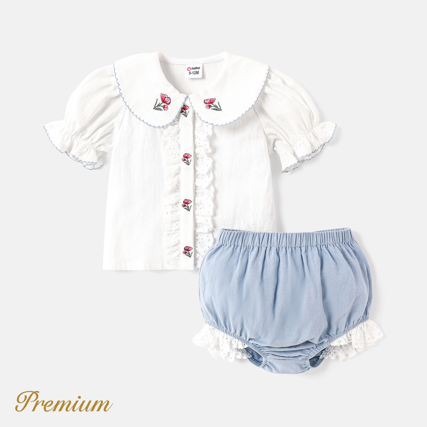 2pcs Baby Girl 100% Cotton Floral Embroidered Peter Pan Collar Puff-sleeve Top And Ruffled Shorts Set