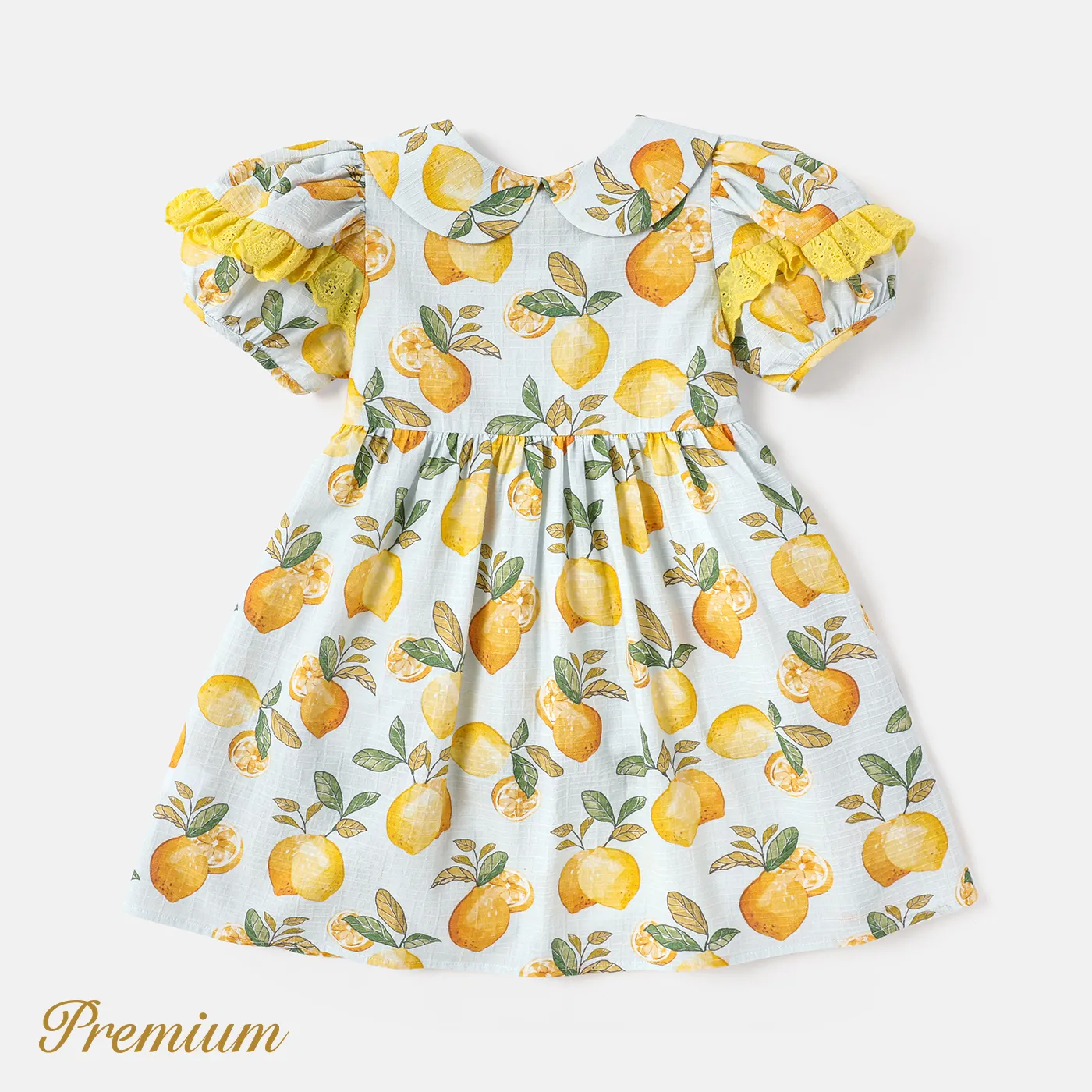 Toddler Girl 100% Cotton Allover Lemon Print Peter Pan Collar Ruffled Puff-sleeve Dress
