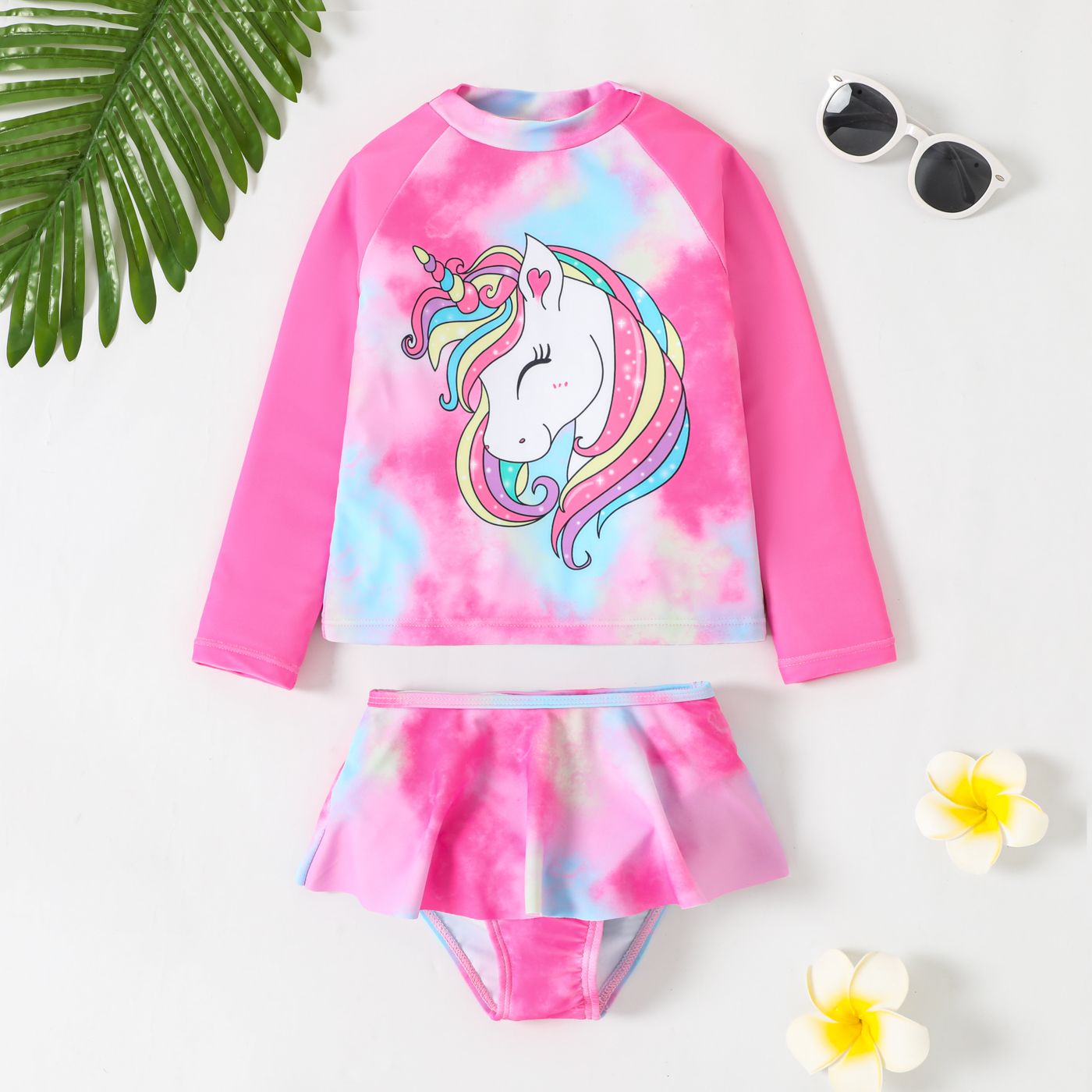 

2pcs Toddler Girl Unicorn Print Long-sleeve Two-piece Swimsuit Set