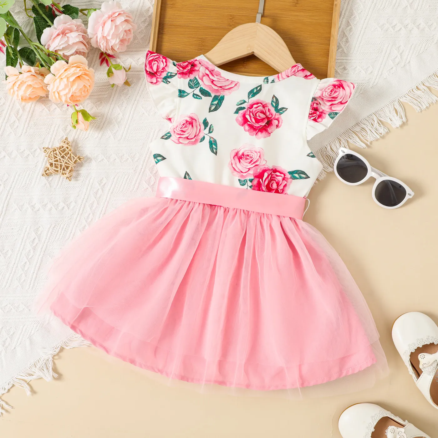 Toddler Girl Floral Rose Print Flutter-sleeve Belted Mesh Overlay Fairy Dress  image 2
