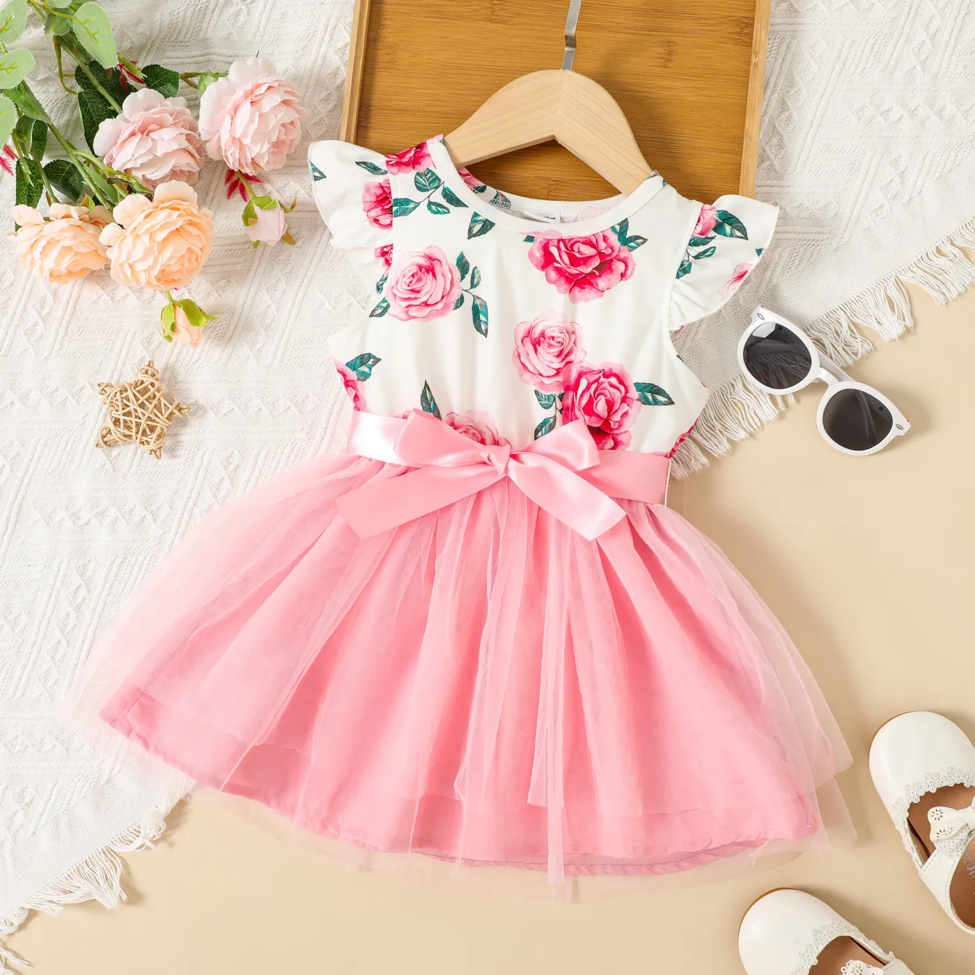 

Toddler Girl Floral Rose Print Flutter-sleeve Belted Mesh Overlay Fairy Dress