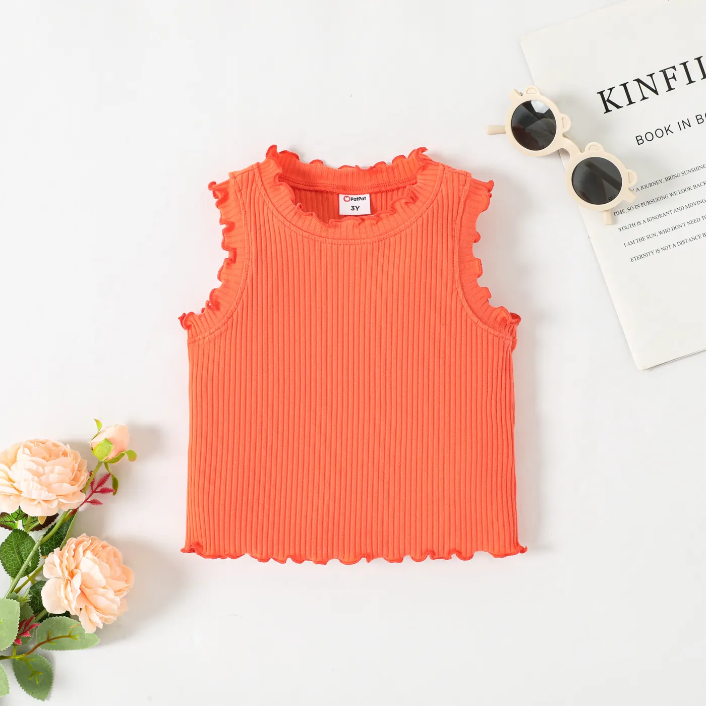 Toddler Girl Solid Lettuce Trim Cotton Rib-knit Tee Orange image 2