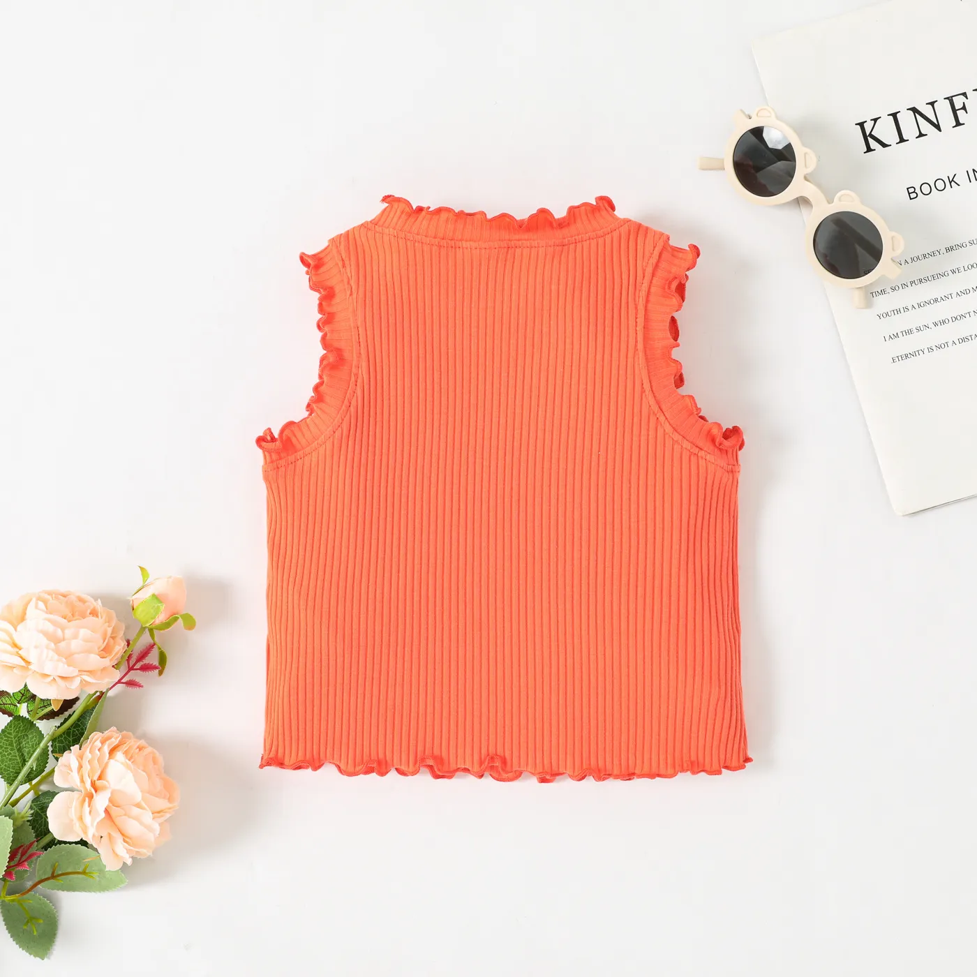 Toddler Girl Solid Lettuce Trim Cotton Rib-knit Tee Orange image 3
