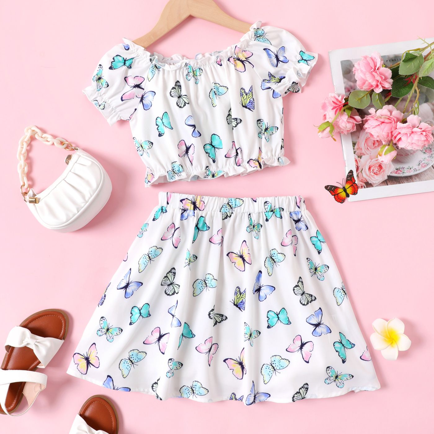 

2pcs Kid Girl Allover Butterfly Print Top and Skirt Set