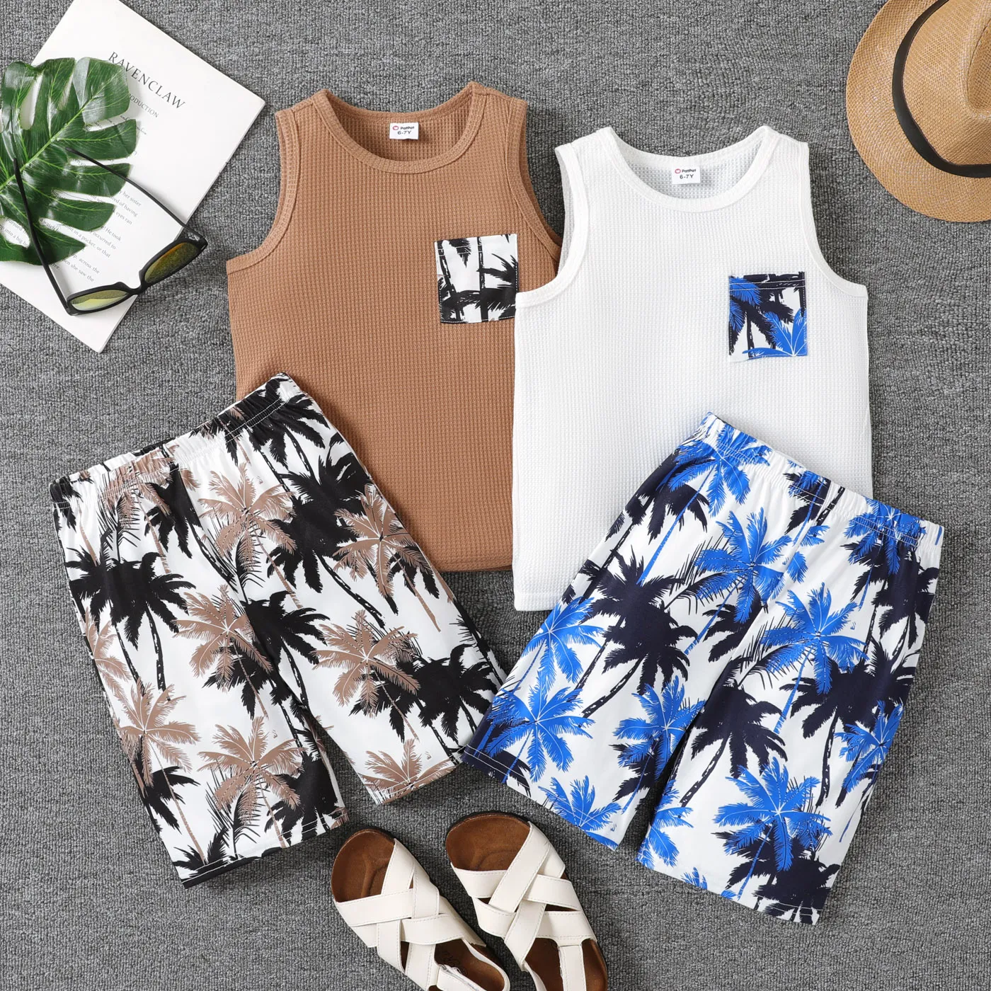 2pcs Kid Boy Waffle Patch Pocket Tank Top and Allover Plant Print Shorts Set Khaki image 2