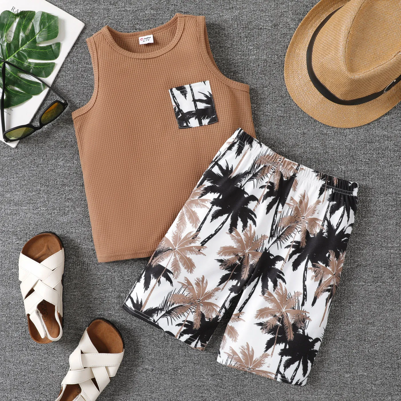 2pcs Kid Boy Waffle Patch Pocket Tank Top and Allover Plant Print Shorts Set Khaki big image 1