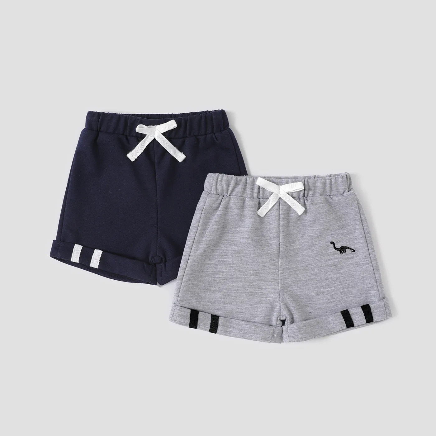 Baby Boy Dinosaur Embroidered Striped Rolled Hem Shorts  image 2