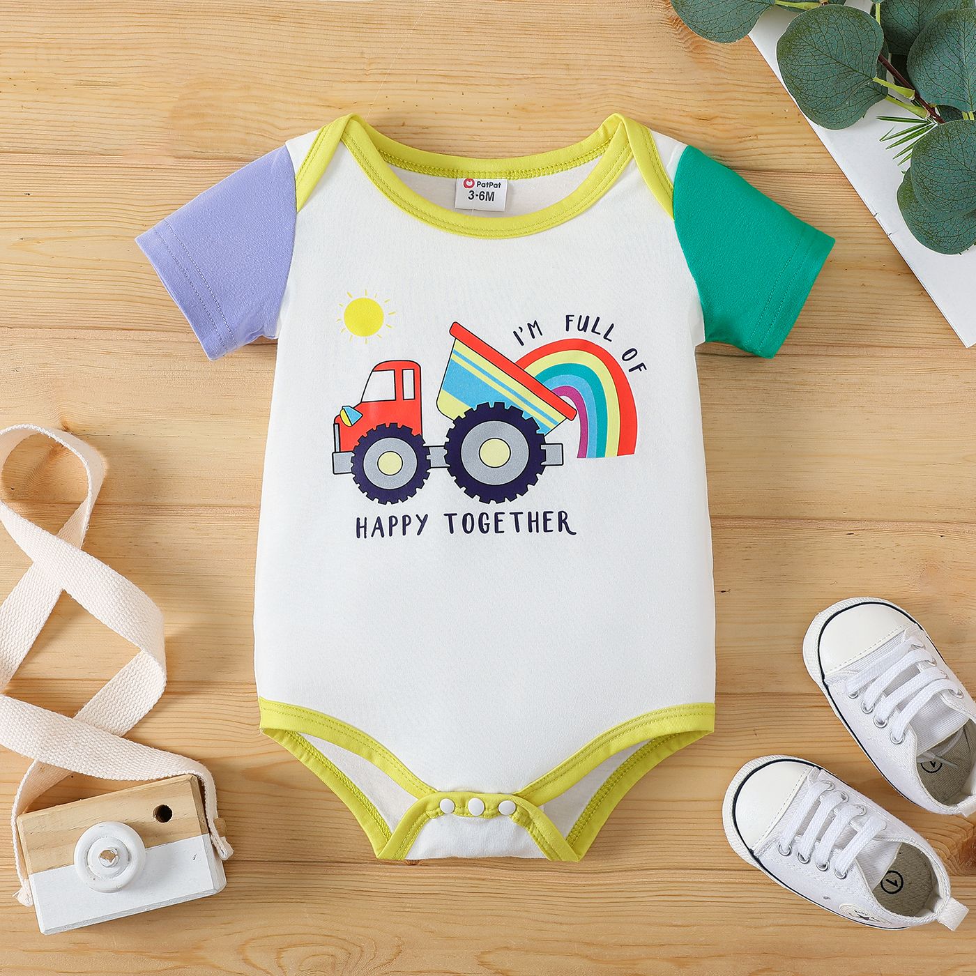 

Baby Boy 100% Cotton Vehicle Rainbow Print Short-sleeve Romper