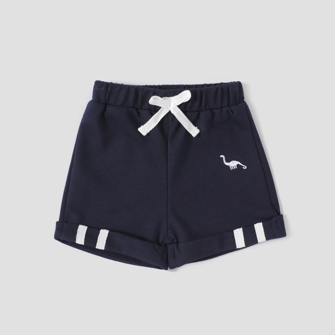 Baby Boy Dinosaur Embroidered Striped Rolled Hem Shorts Dark Blue