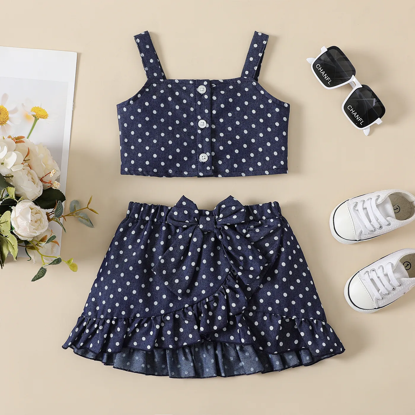 2pcs Baby Girl Polka Dots Cami Top and Bow Front Ruffled Skirt Set  big image 1