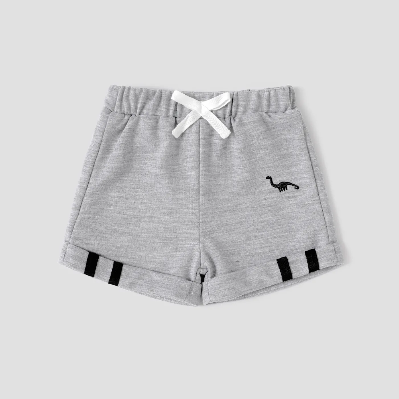 Baby Boy Dinosaur Embroidered Striped Rolled Hem Shorts  big image 1