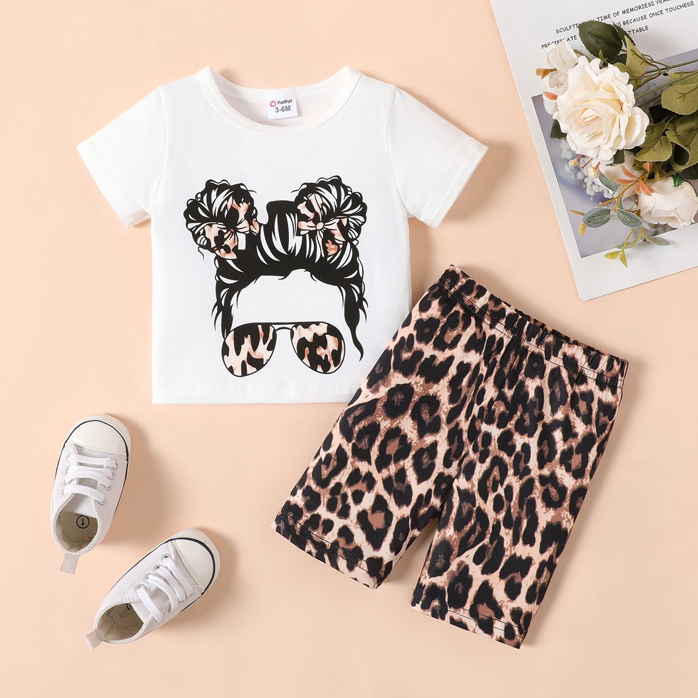 2pcs Baby Girl Figure Print Short-sleeve Tee And Leopard Pants Set